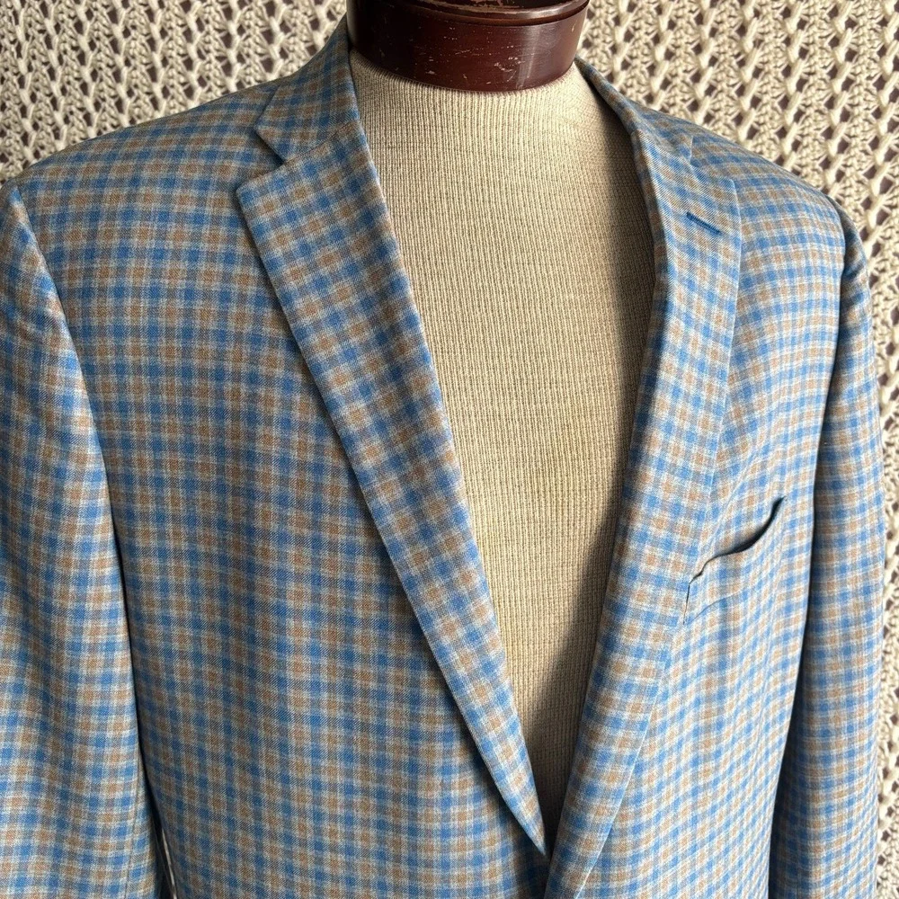 Bespoke Holland & Sherry Tom James Check Wool Sport‎ Coat Tailored Fit Blue 46L